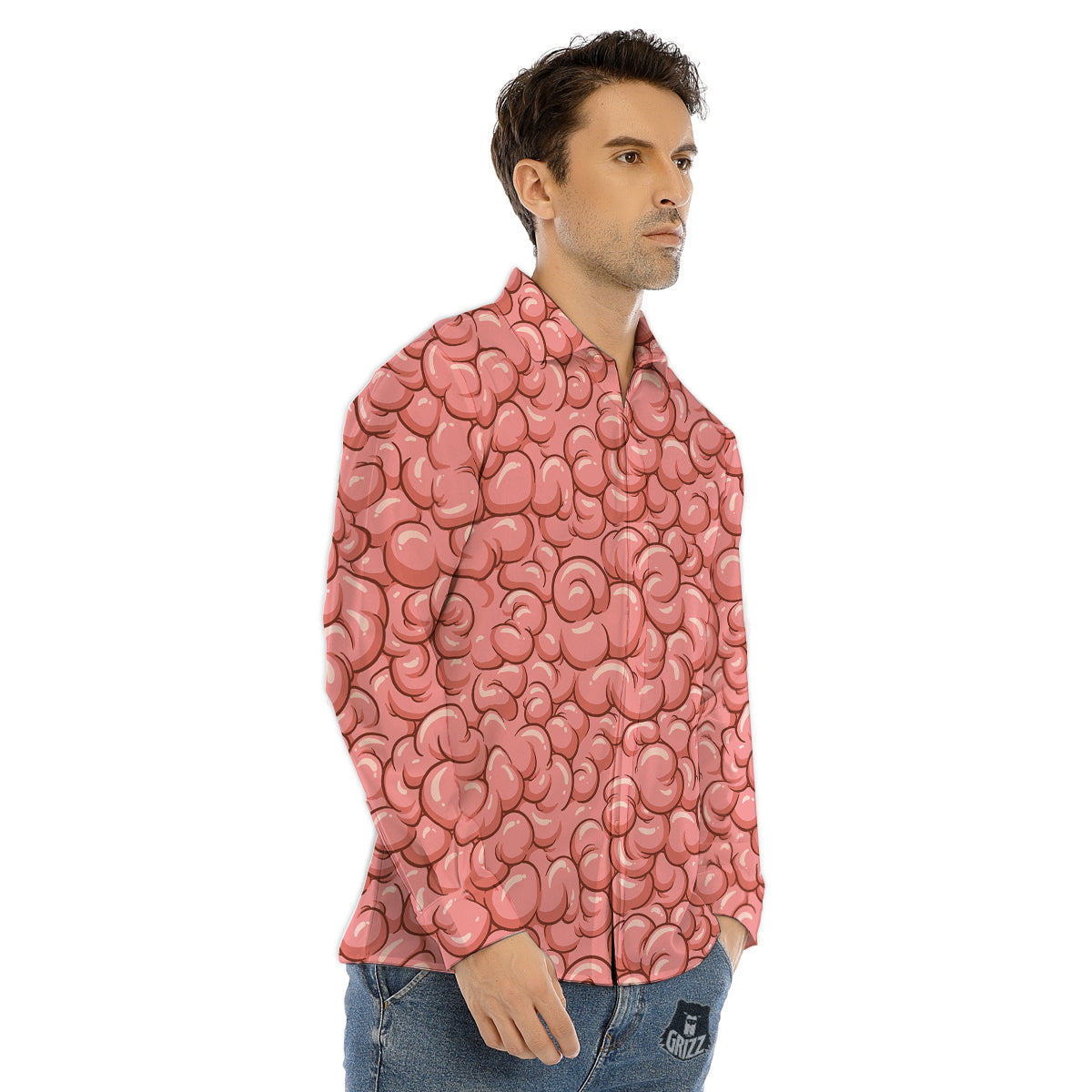 Cartoon Pink Brain Print Pattern Men's Dress Shirts-grizzshop