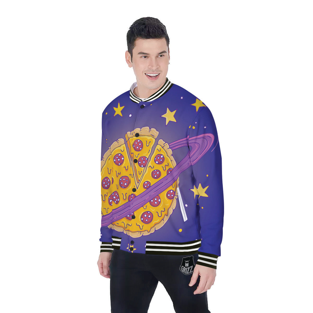 Cartoon Pizza Planet Print Baseball Jacket-grizzshop