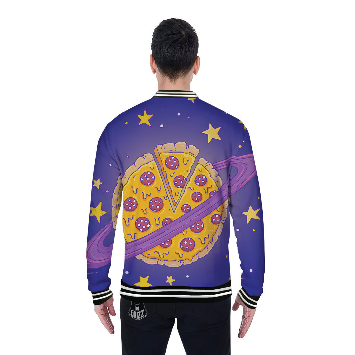 Cartoon Pizza Planet Print Baseball Jacket-grizzshop
