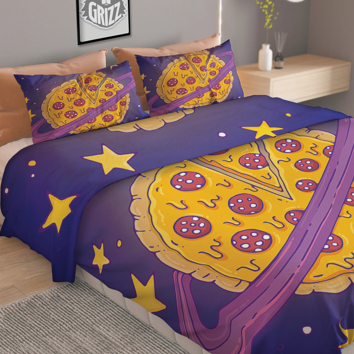 Cartoon Pizza Planet Print Duvet Cover Bedding Set