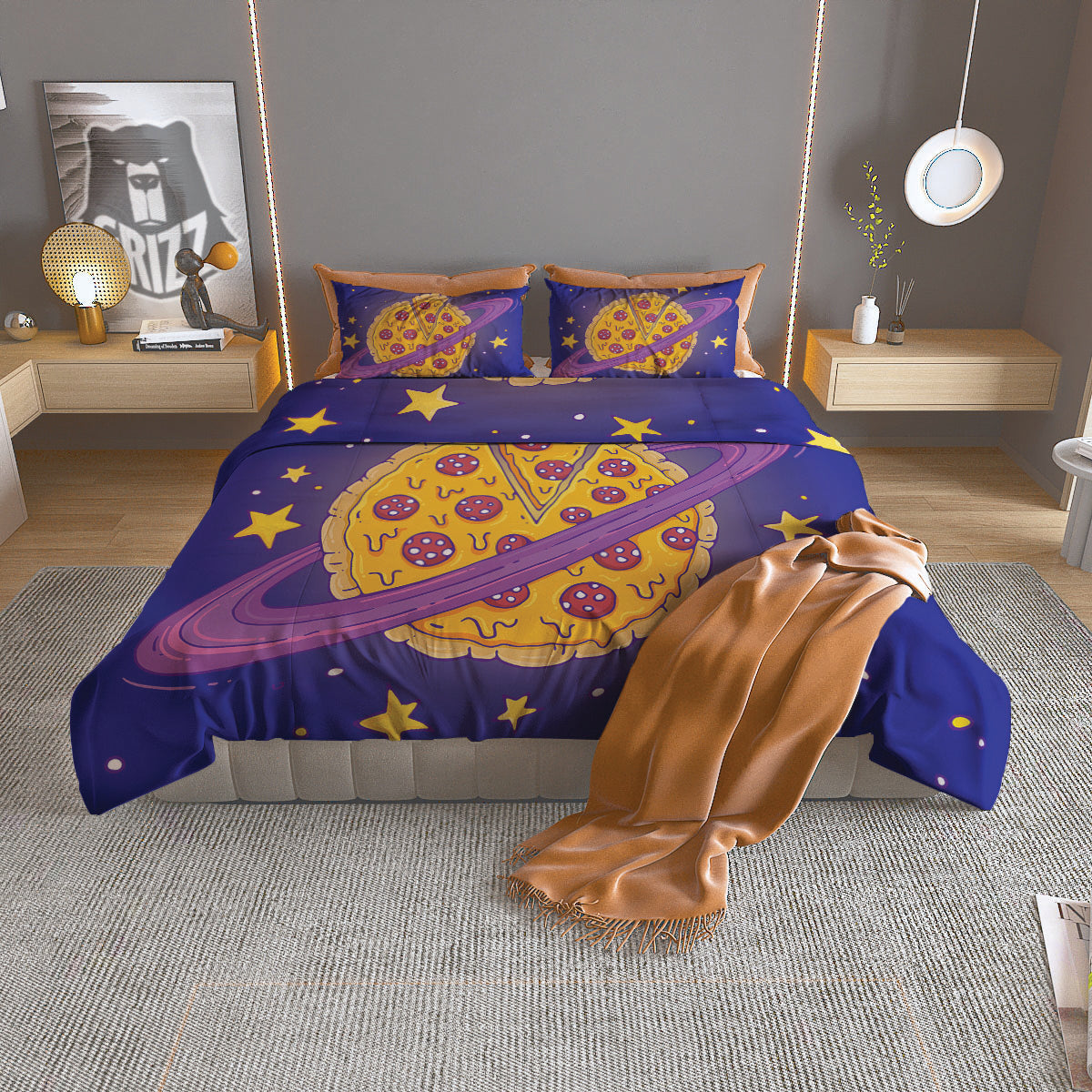 Cartoon Pizza Planet Print Duvet Cover Bedding Set
