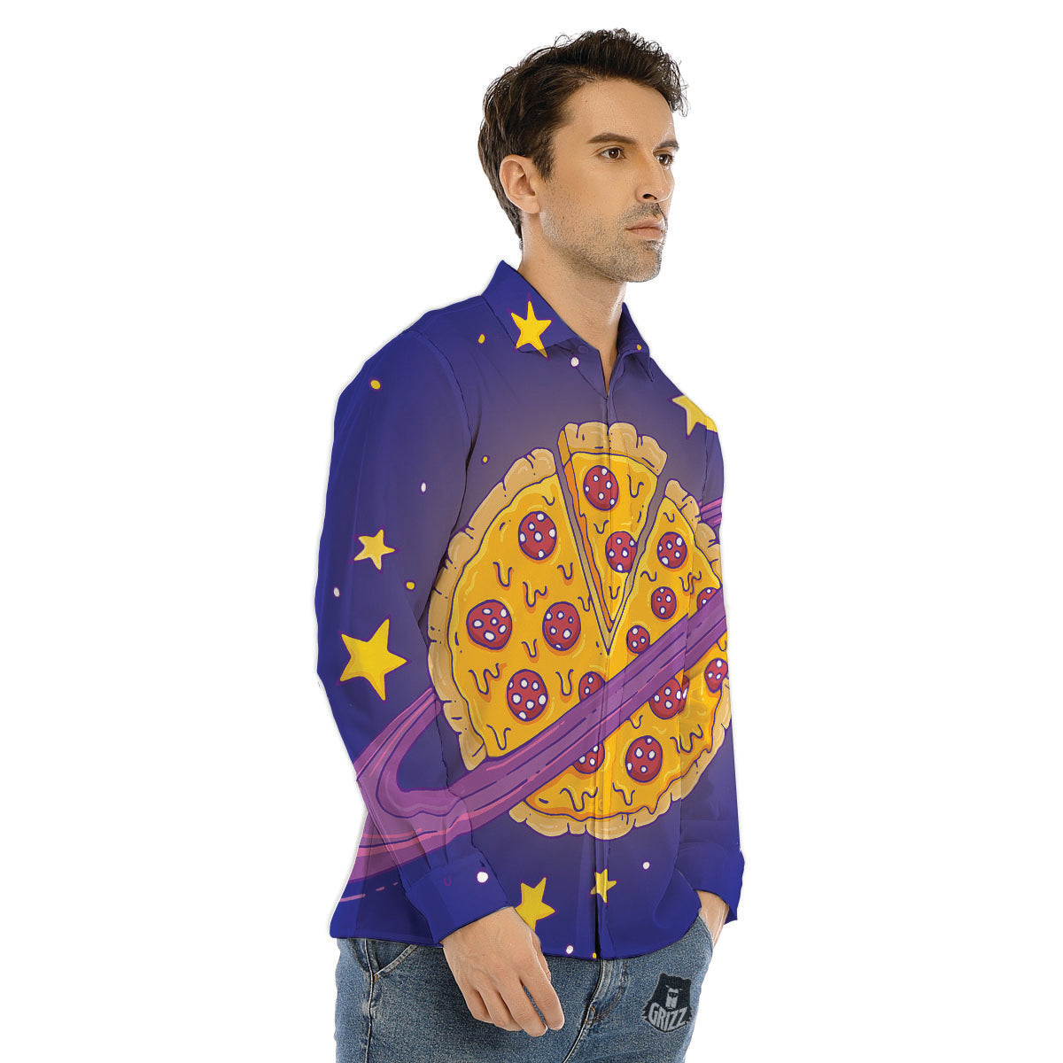 Cartoon Pizza Planet Print Men's Dress Shirts-grizzshop