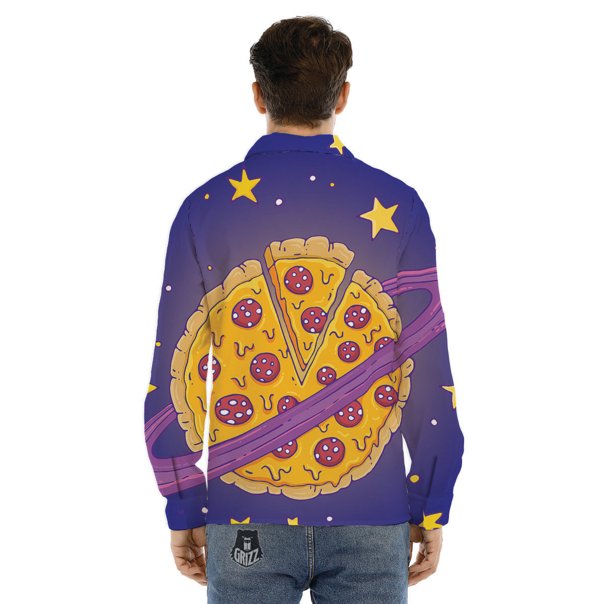 Cartoon Pizza Planet Print Men's Dress Shirts-grizzshop