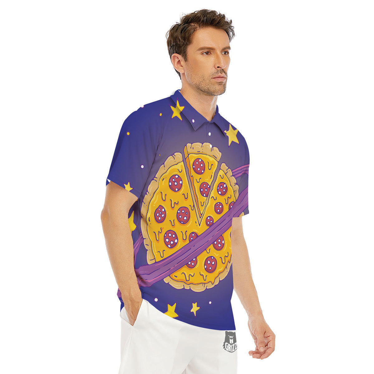 Cartoon Pizza Planet Print Men's Golf Shirts-grizzshop