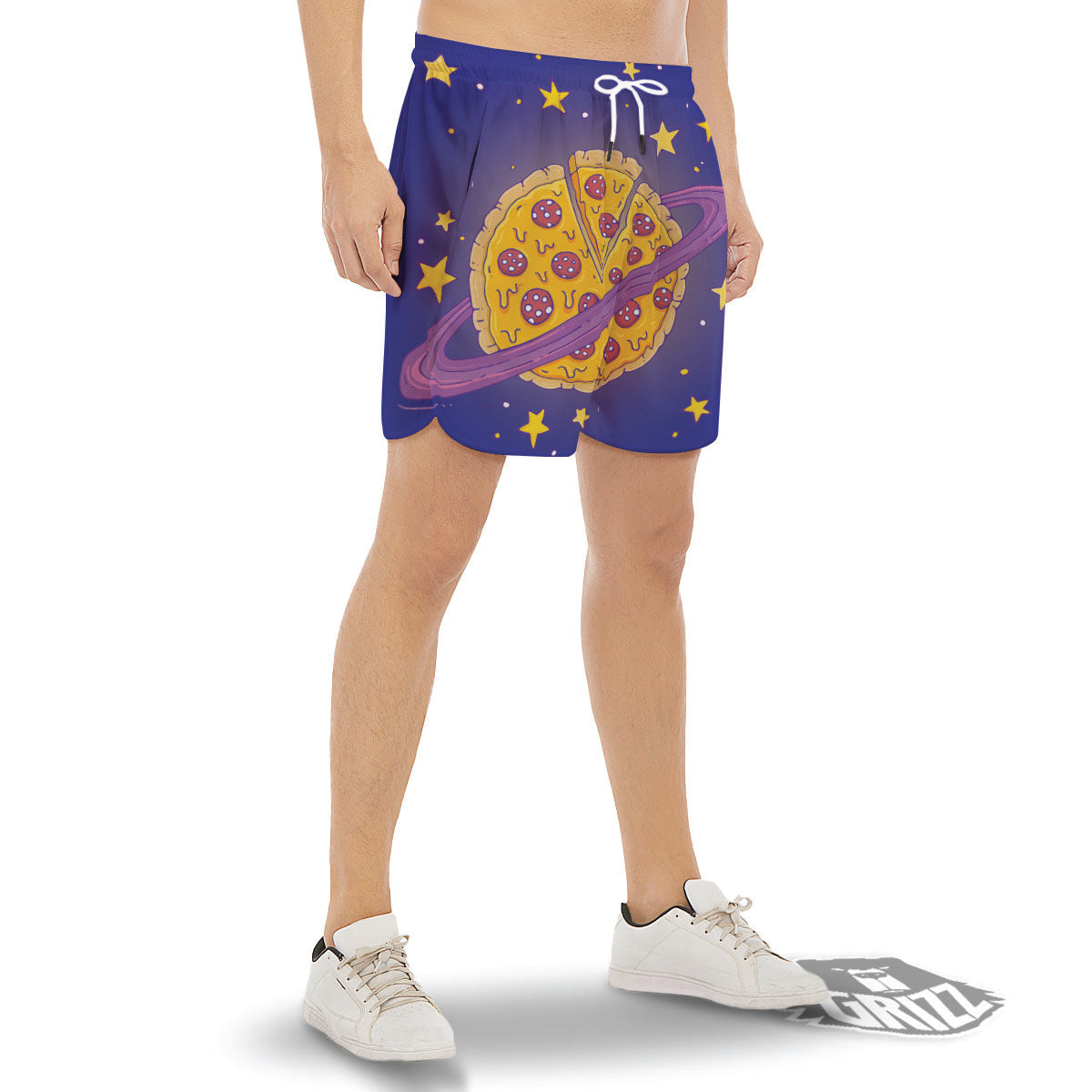 Cartoon Pizza Planet Print Men's Gym Shorts-grizzshop