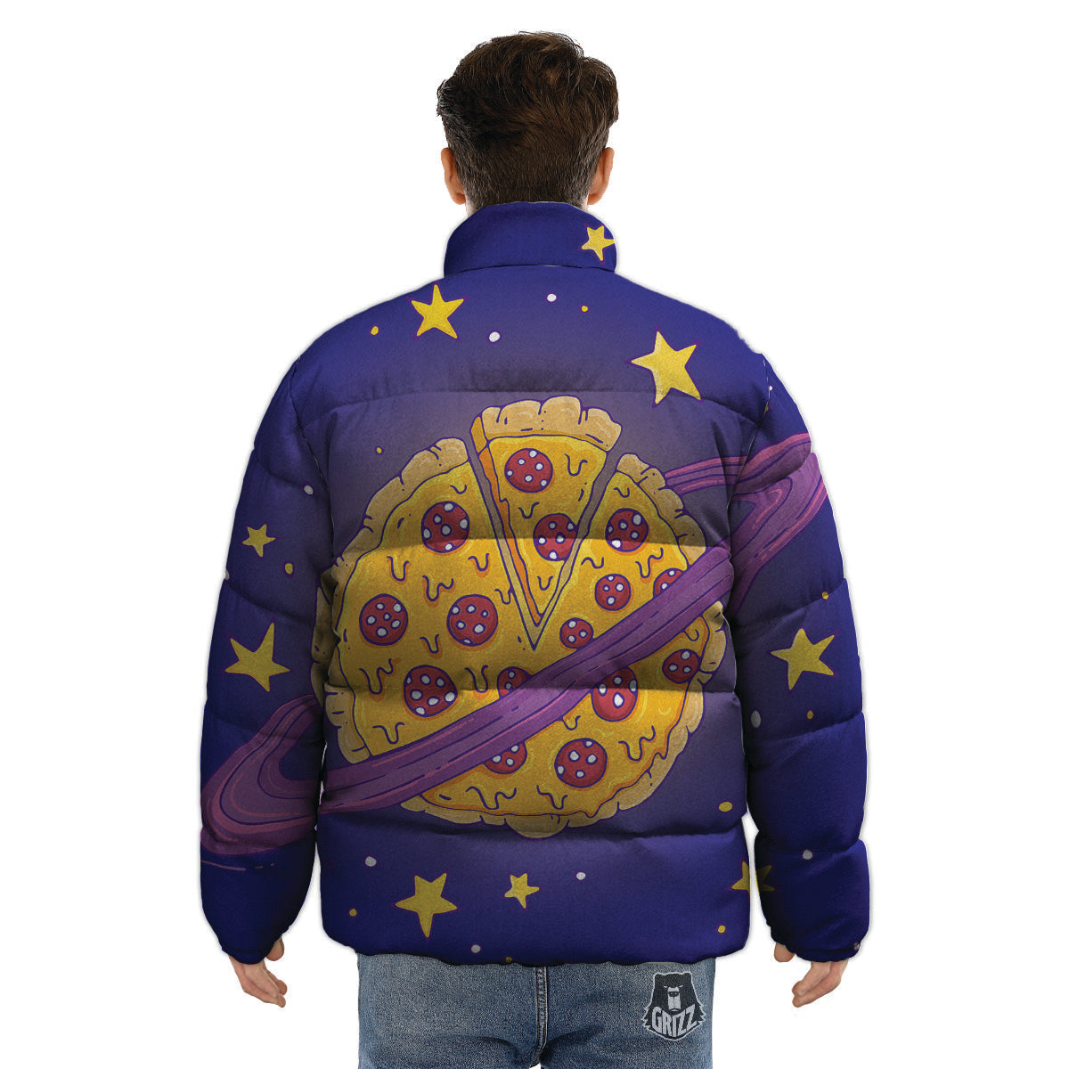 Cartoon Pizza Planet Print Puffer Jacket-grizzshop