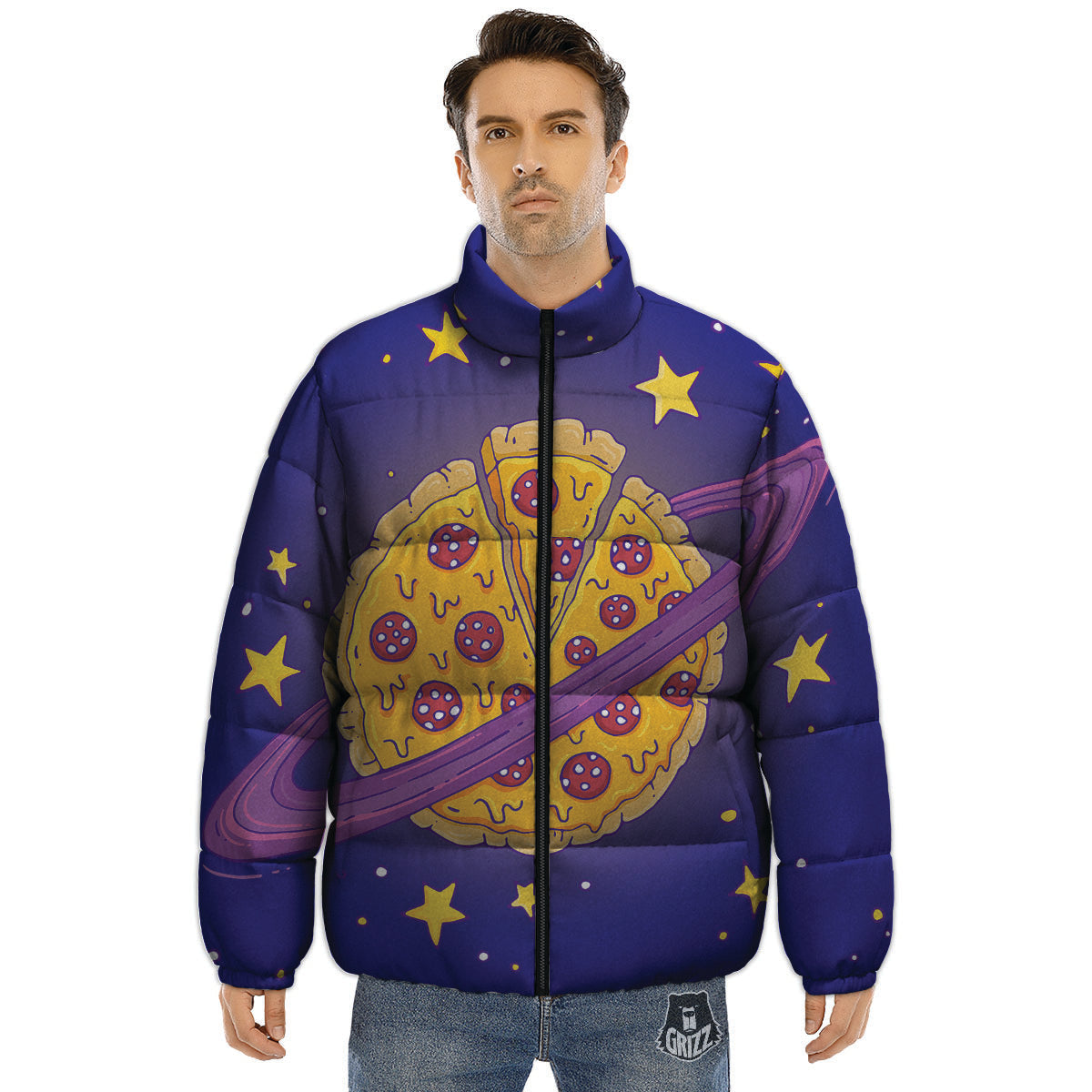 Cartoon Pizza Planet Print Puffer Jacket-grizzshop