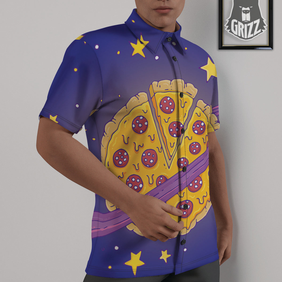 Cartoon Pizza Planet Print Untucked Shirts-grizzshop