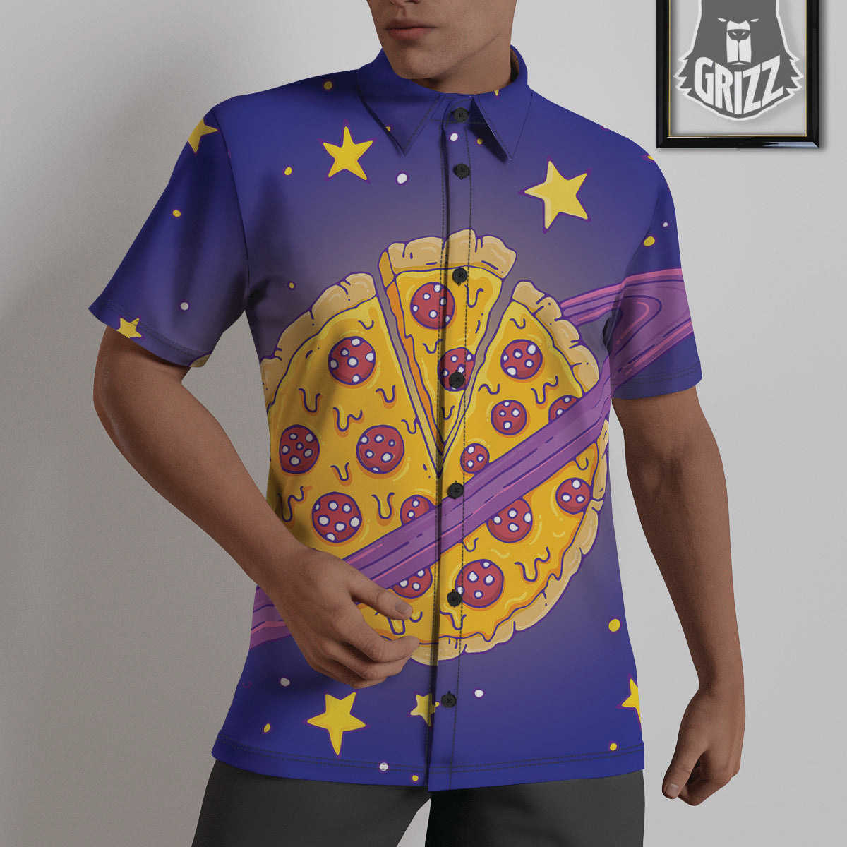 Cartoon Pizza Planet Print Untucked Shirts-grizzshop