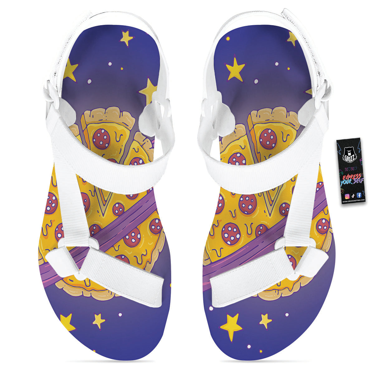 Cartoon Pizza Planet Print White Open Toe Sandals-grizzshop