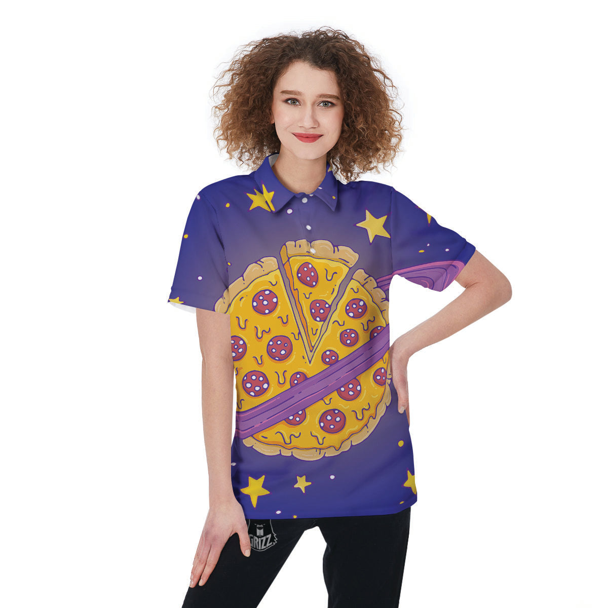 Cartoon Pizza Planet Print Women's Golf Shirts-grizzshop