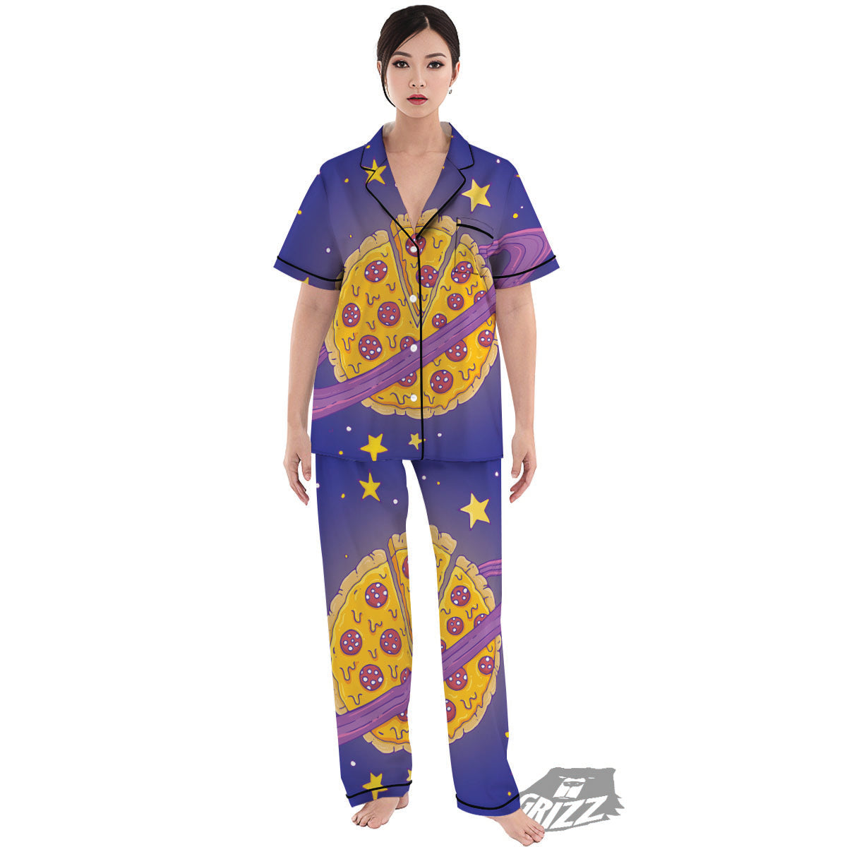 Cartoon Pizza Planet Print Women's Pajamas Set-grizzshop