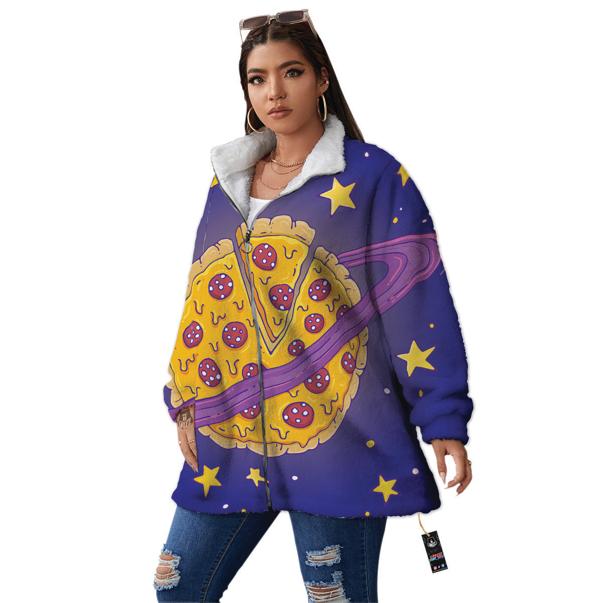 Cartoon Pizza Planet Print Women's Sherpa Jacket-grizzshop