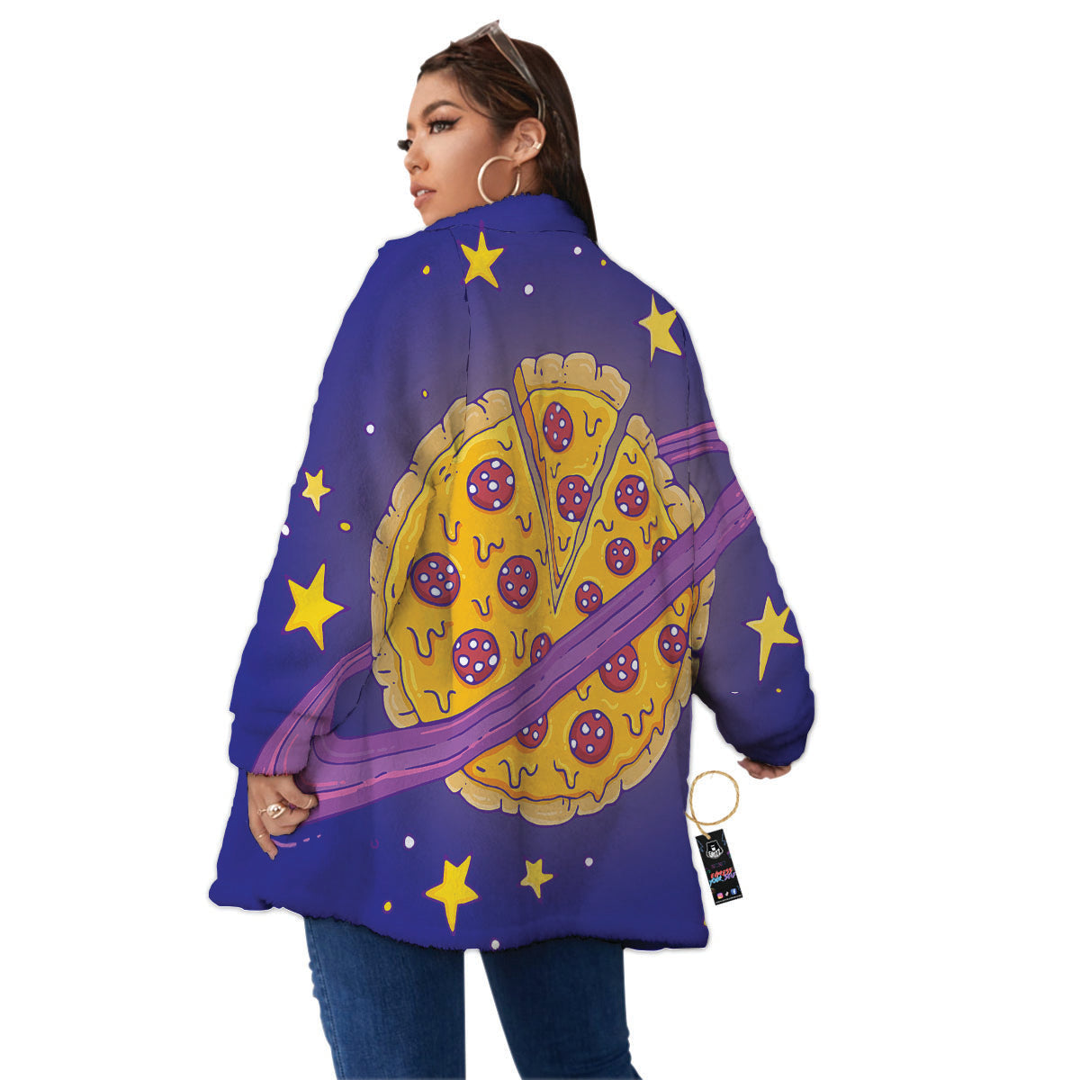 Cartoon Pizza Planet Print Women's Sherpa Jacket-grizzshop