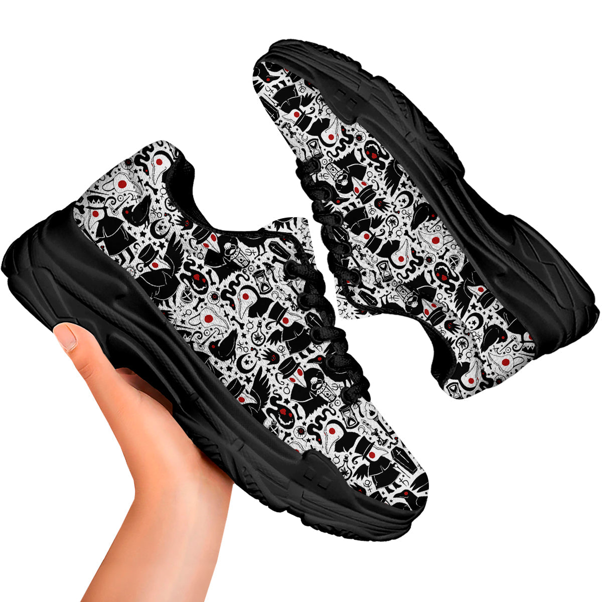 Cartoon Plague Doctors And Crows Red Eyes Print Pattern Black Chunky Shoes-grizzshop