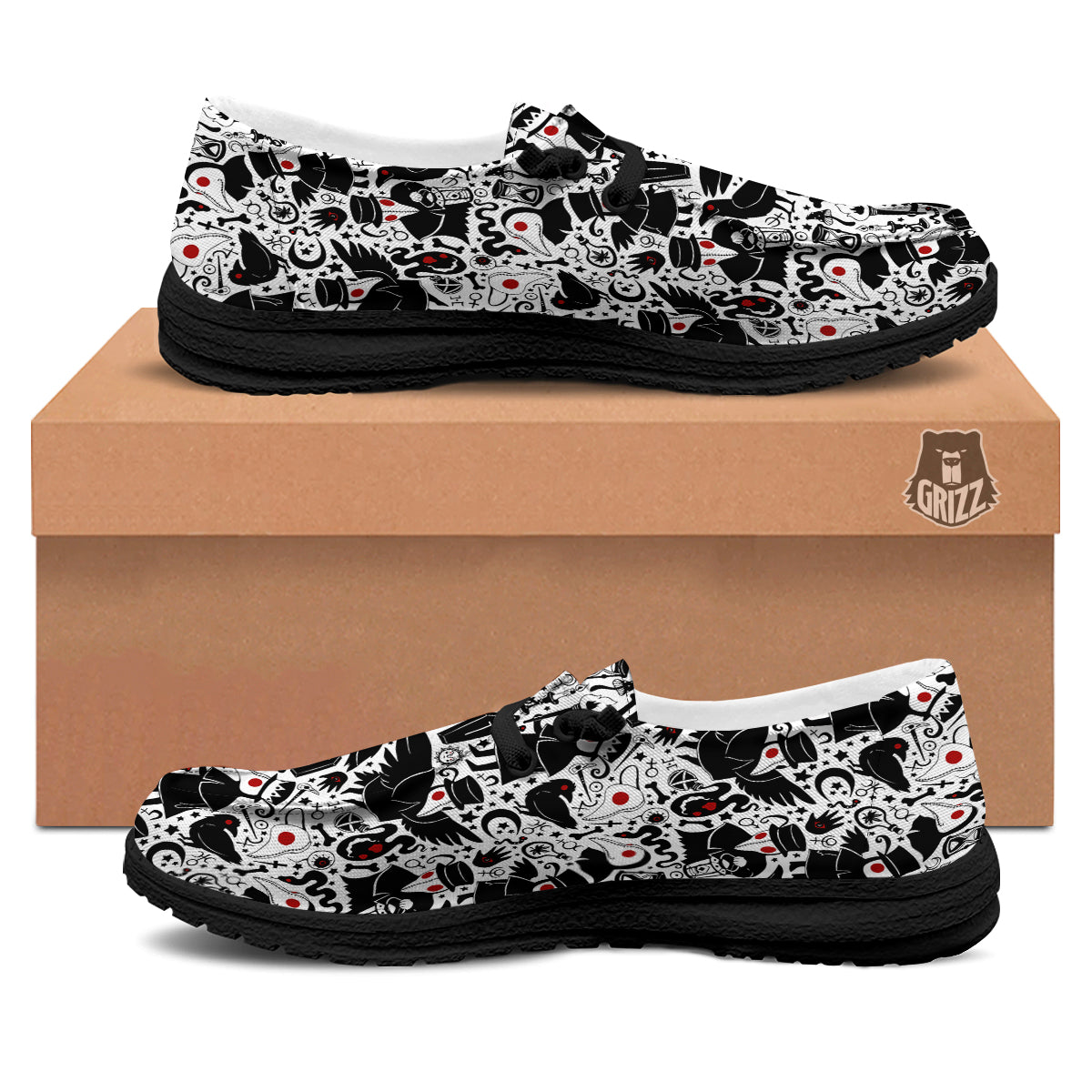 Cartoon Plague Doctors And Crows Red Eyes Print Pattern Black Loafers-grizzshop