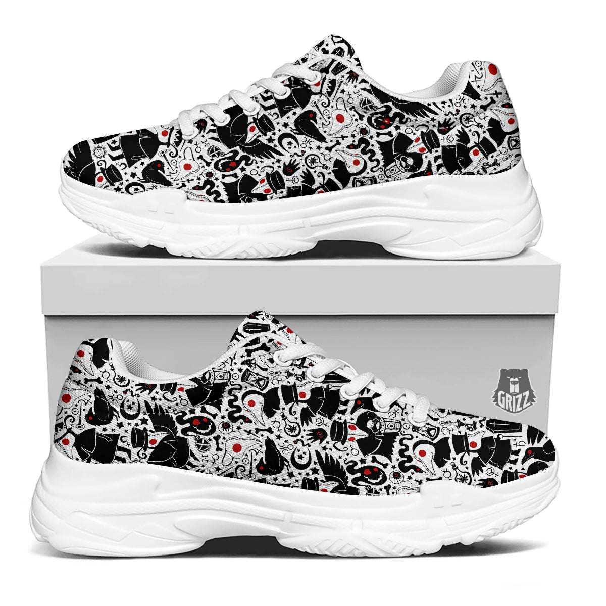 Cartoon Plague Doctors And Crows Red Eyes Print Pattern White Chunky Shoes-grizzshop
