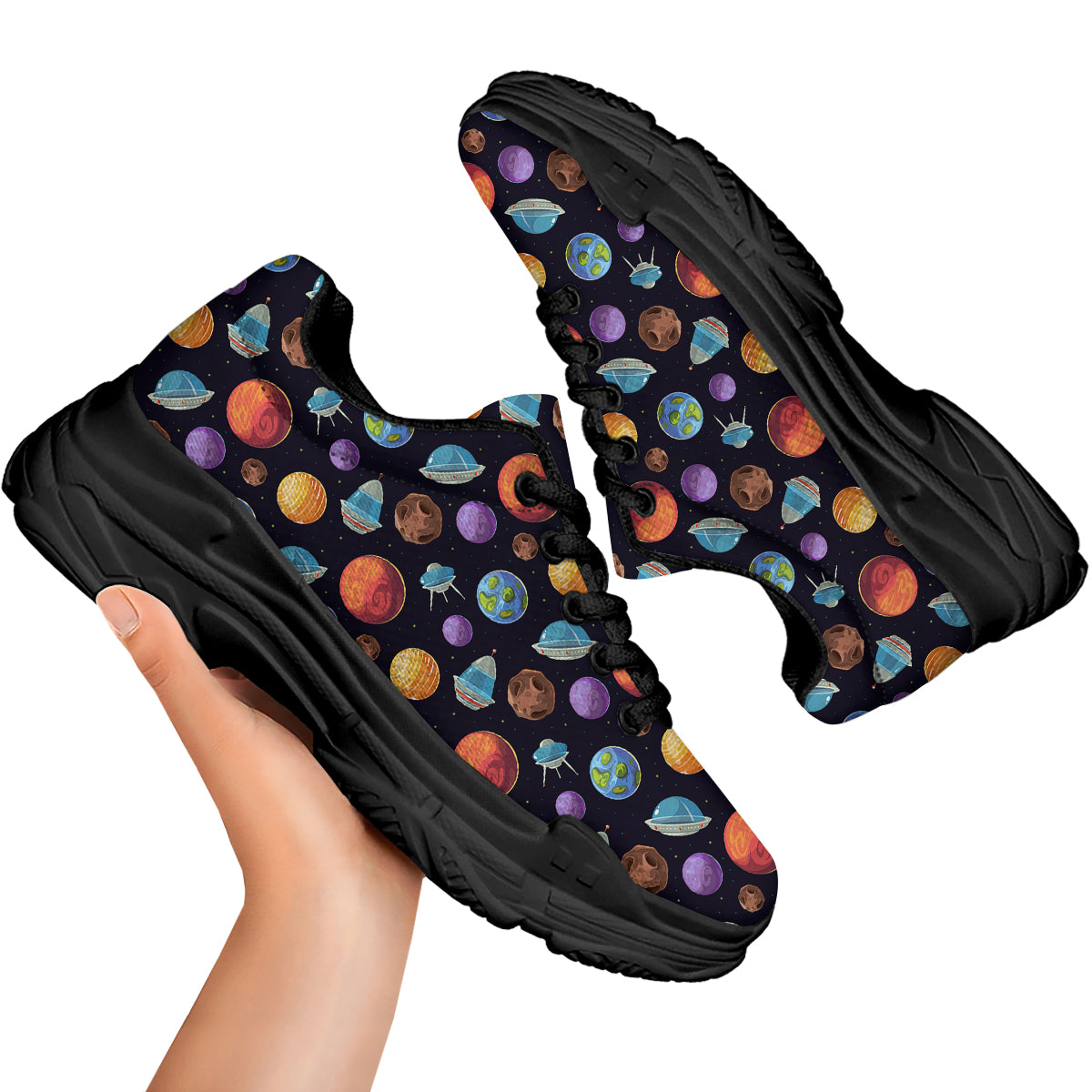 Cartoon Planets Colorful UFO Print Pattern Black Chunky Shoes-grizzshop