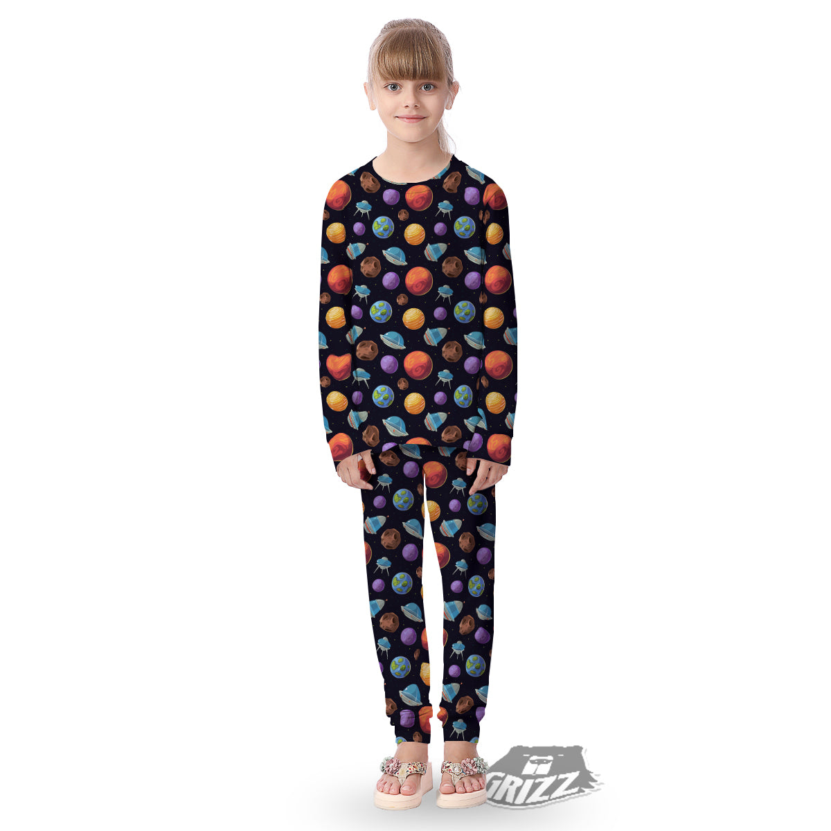 Cartoon Planets Colorful UFO Print Pattern Kid's Pajamas-grizzshop