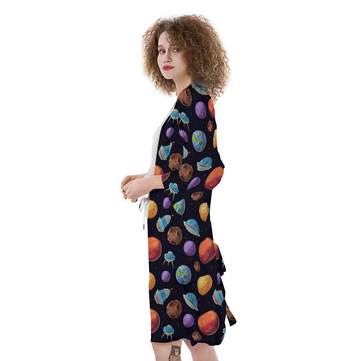 Cartoon Planets Colorful UFO Print Pattern Kimono-grizzshop