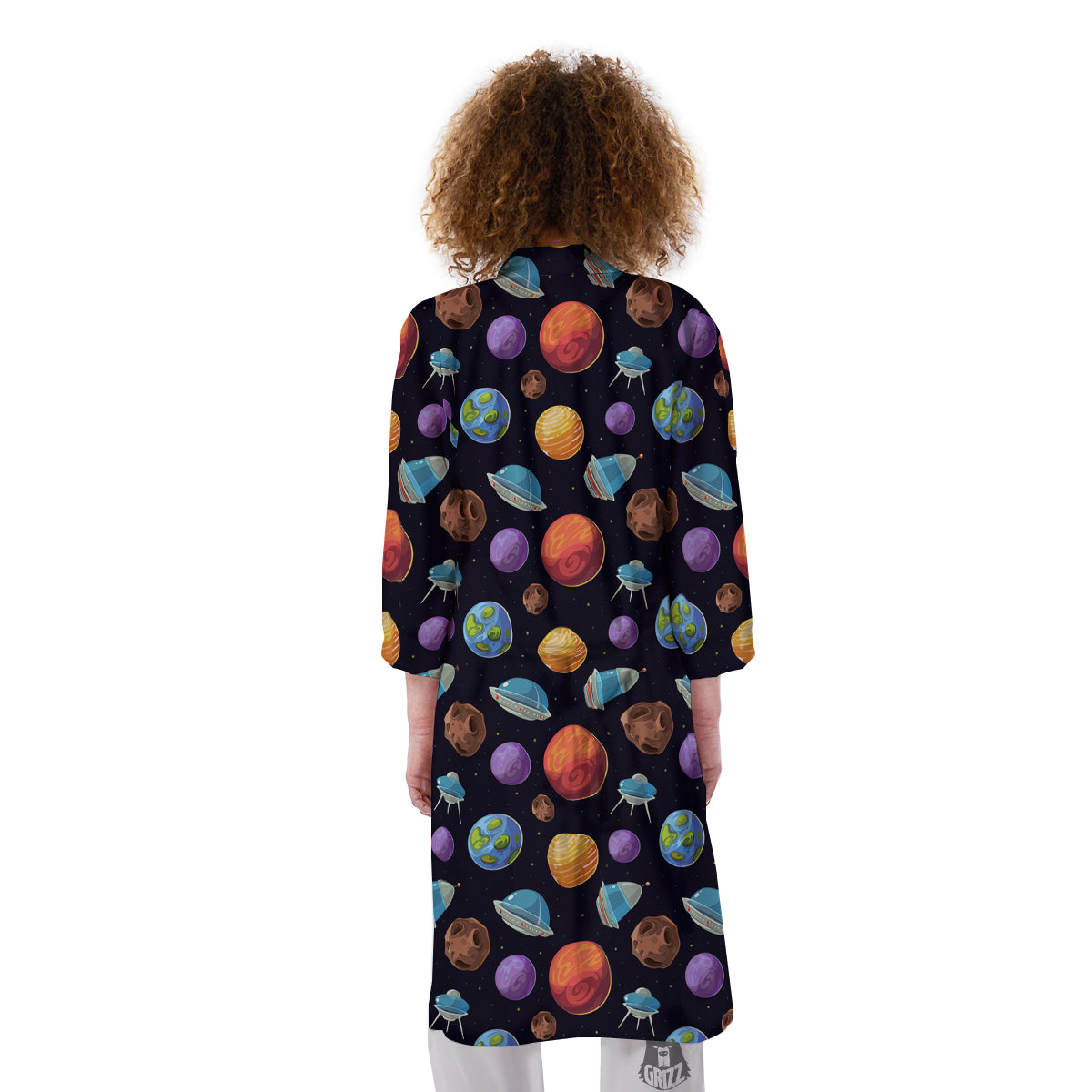Cartoon Planets Colorful UFO Print Pattern Kimono-grizzshop