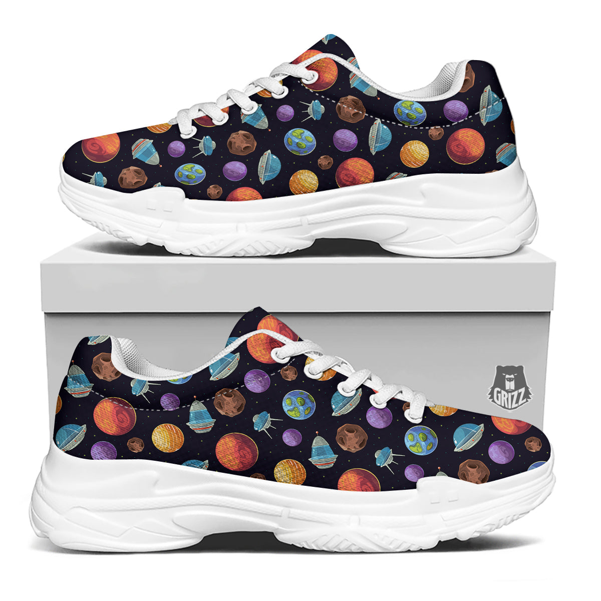 Cartoon Planets Colorful UFO Print Pattern White Chunky Shoes-grizzshop