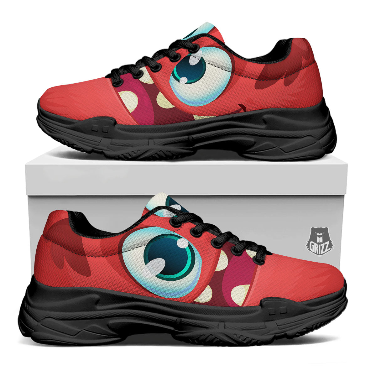 Cartoon Red Monster Face Cute Print Black Chunky Shoes-grizzshop