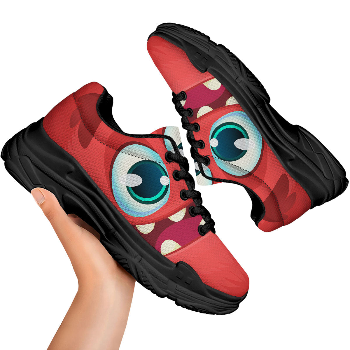 Cartoon Red Monster Face Cute Print Black Chunky Shoes-grizzshop