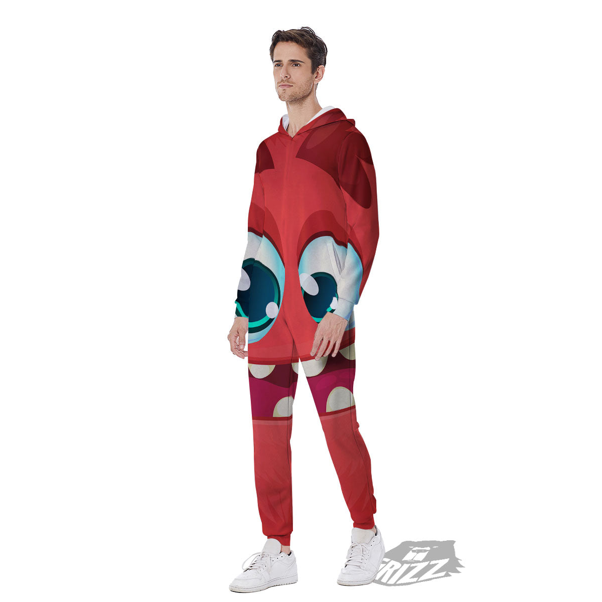 Cartoon Red Monster Face Cute Print Men's Jumpsuit-grizzshop