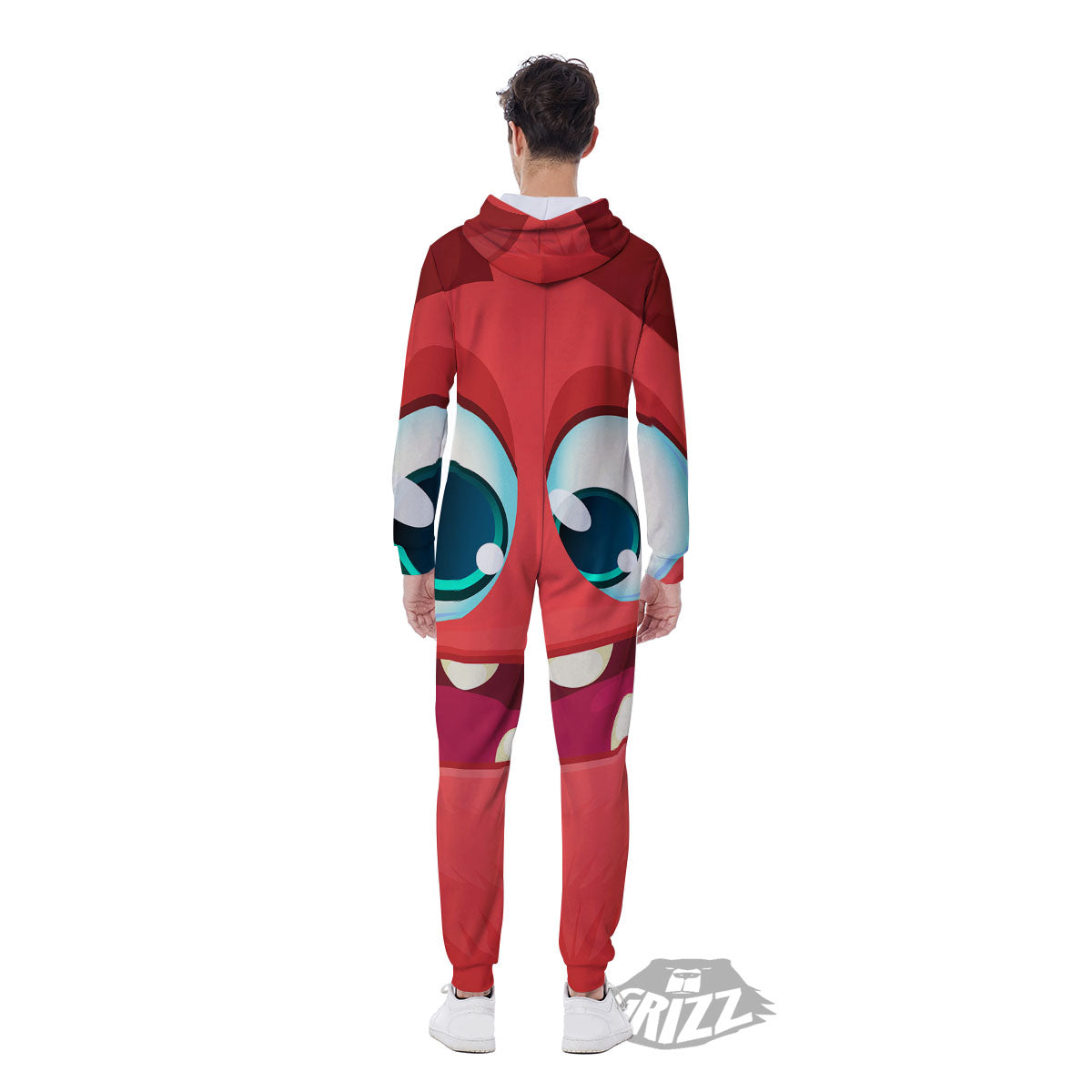 Cartoon Red Monster Face Cute Print Men's Jumpsuit-grizzshop
