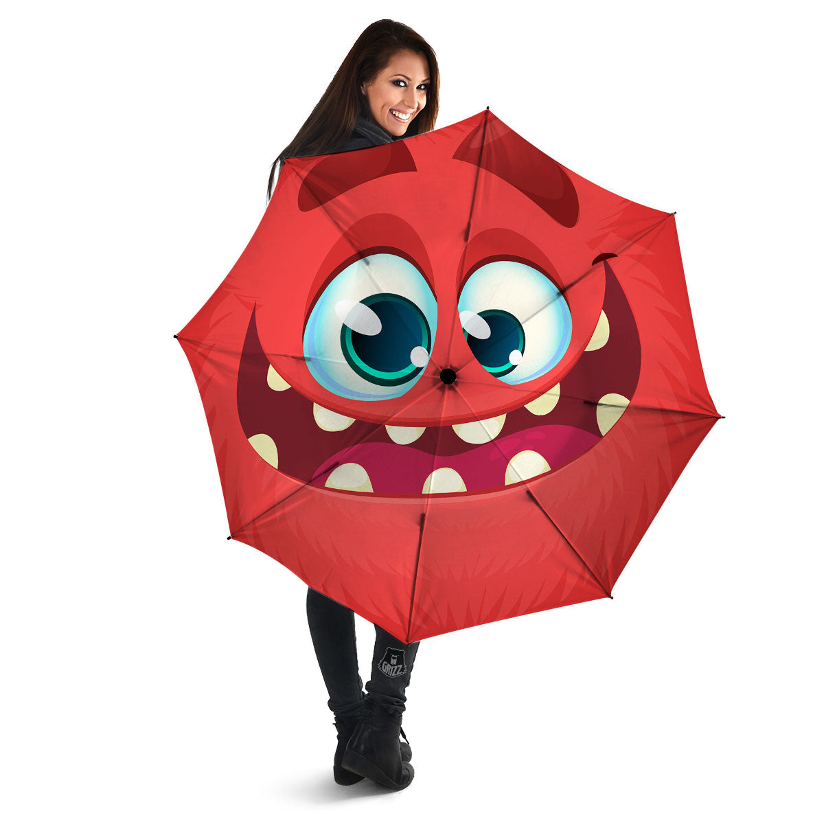 Cartoon Red Monster Face Cute Print Umbrella-grizzshop