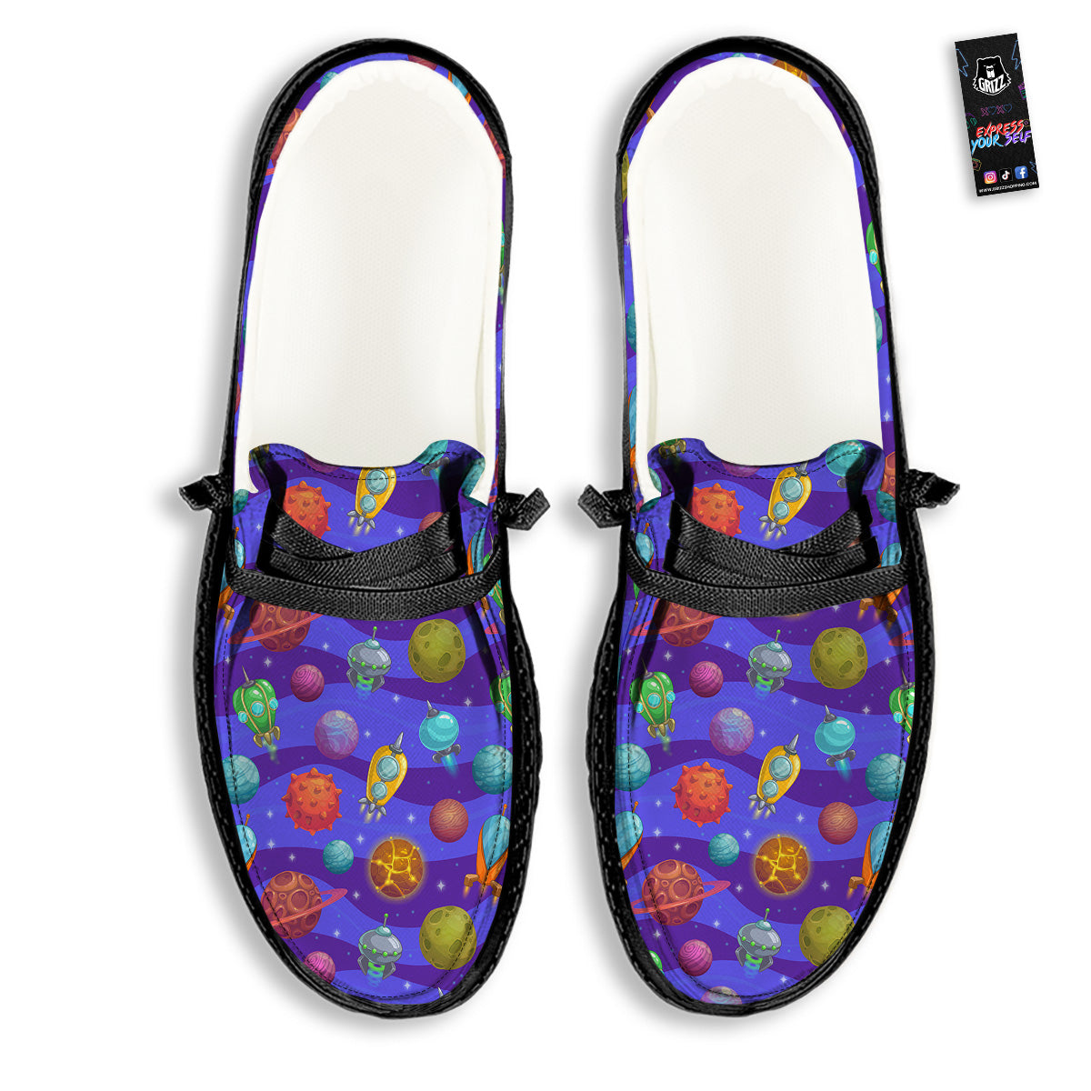 Cartoon Space Ships And Planets Print Pattern Black Loafers-grizzshop