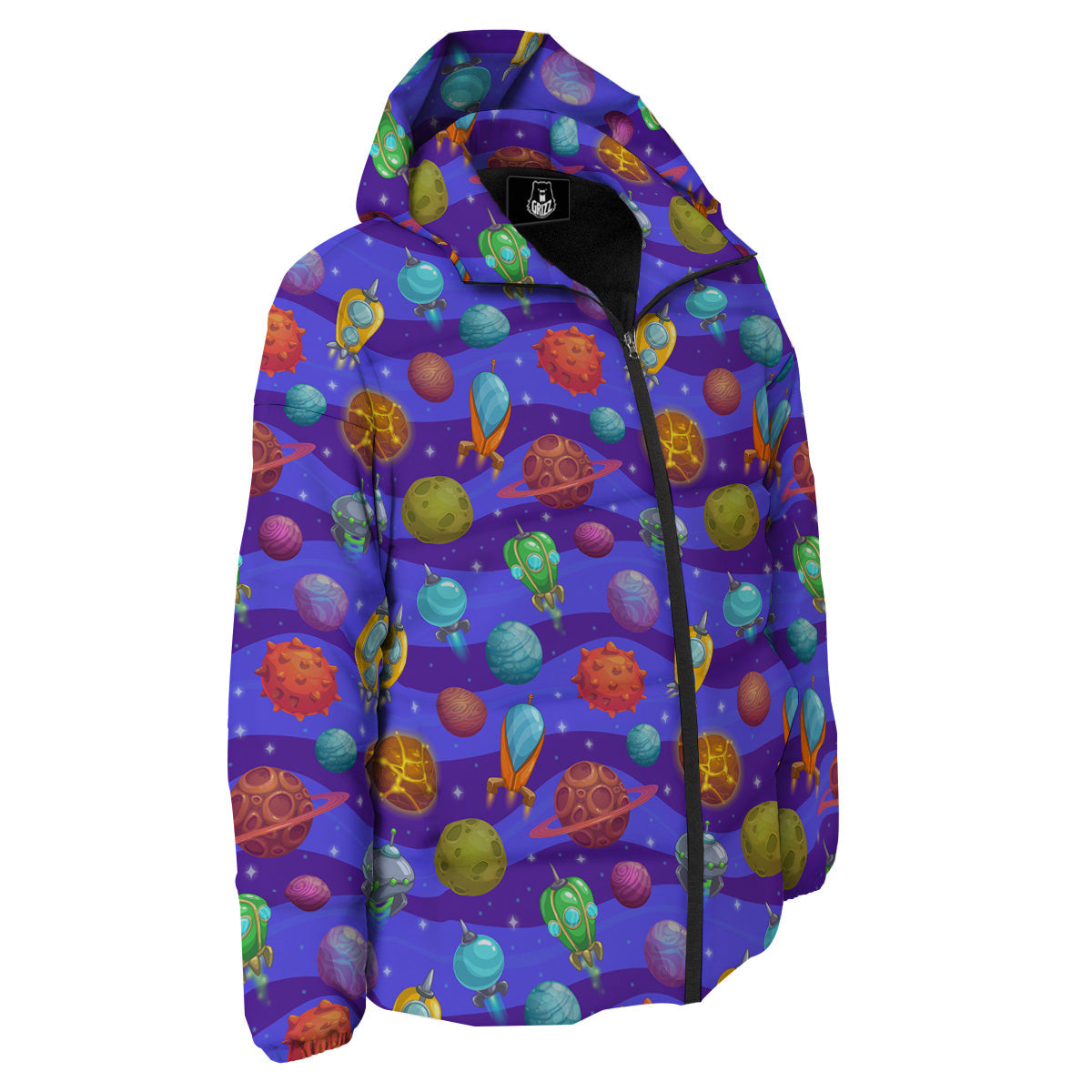 Cartoon Space Ships And Planets Print Pattern Down Jacket-grizzshop