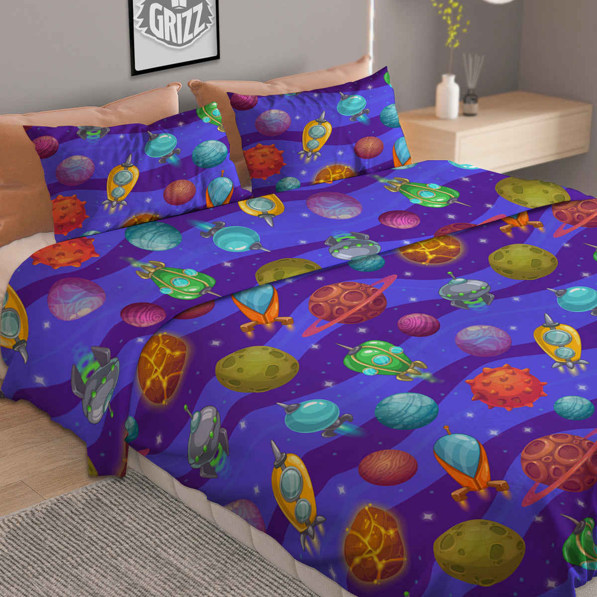 Cartoon Space Ships And Planets Print Pattern Duvet Cover Bedding Set