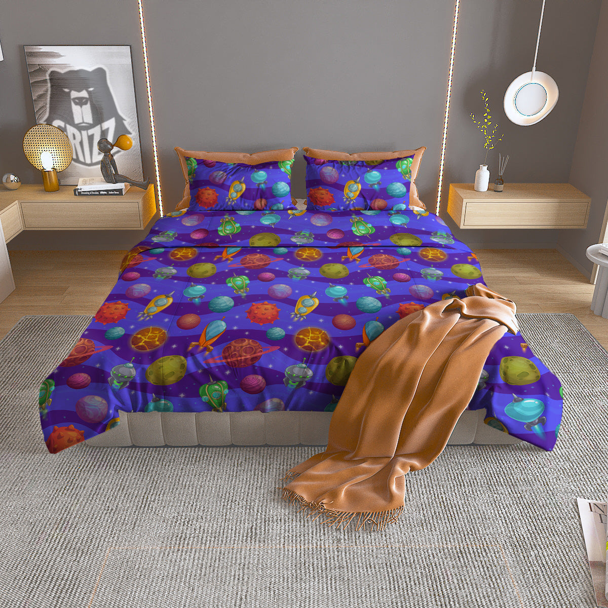 Cartoon Space Ships And Planets Print Pattern Duvet Cover Bedding Set