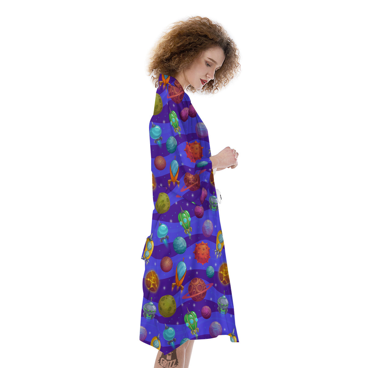 Cartoon Space Ships And Planets Print Pattern Kimono-grizzshop