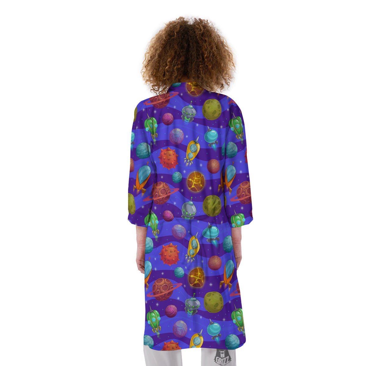 Cartoon Space Ships And Planets Print Pattern Kimono-grizzshop