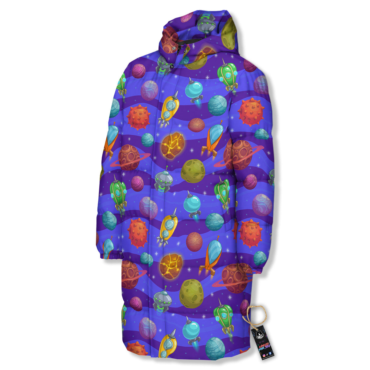 Cartoon Space Ships And Planets Print Pattern Long Down Jacket-grizzshop