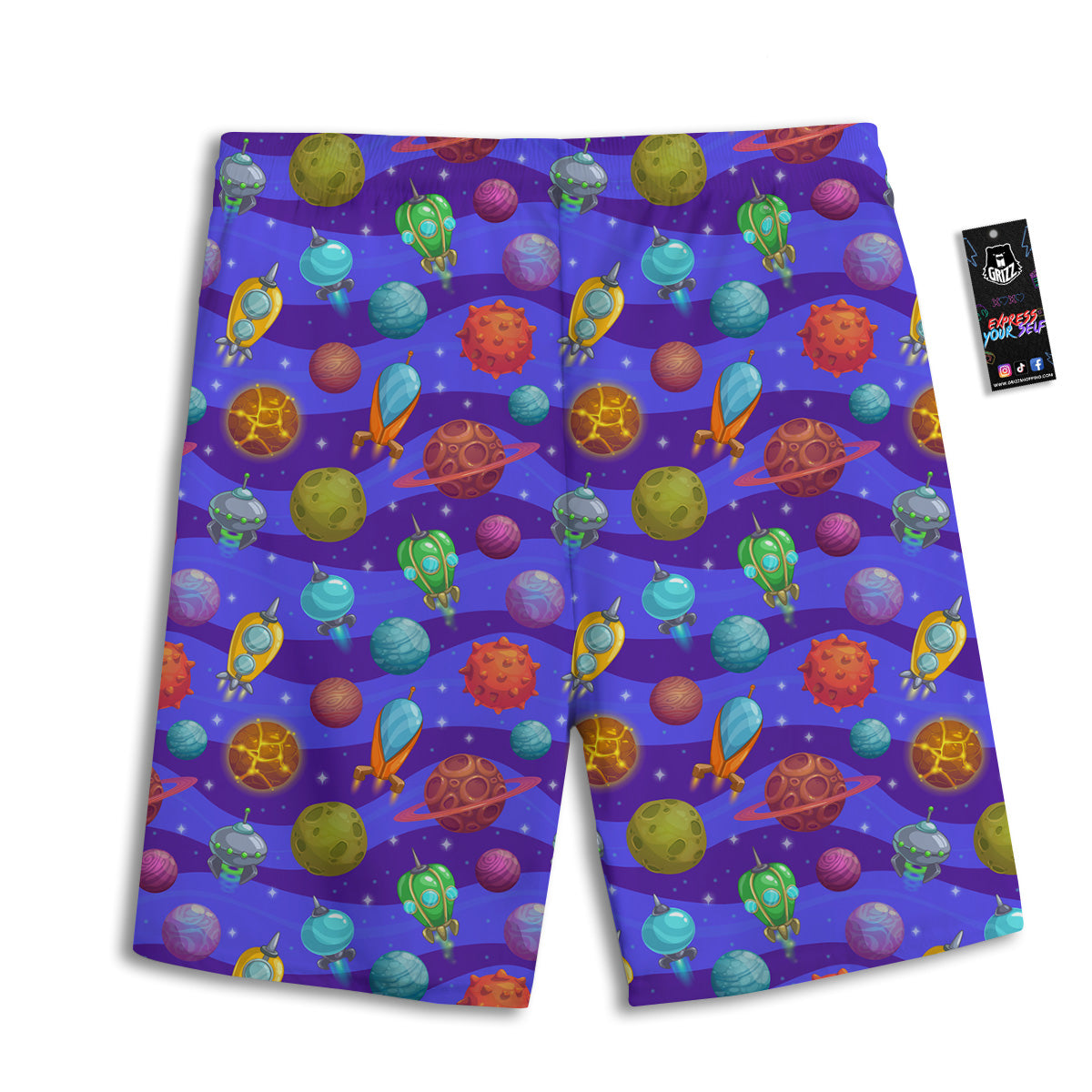 Cartoon Space Ships And Planets Print Pattern Men's Athletic Shorts