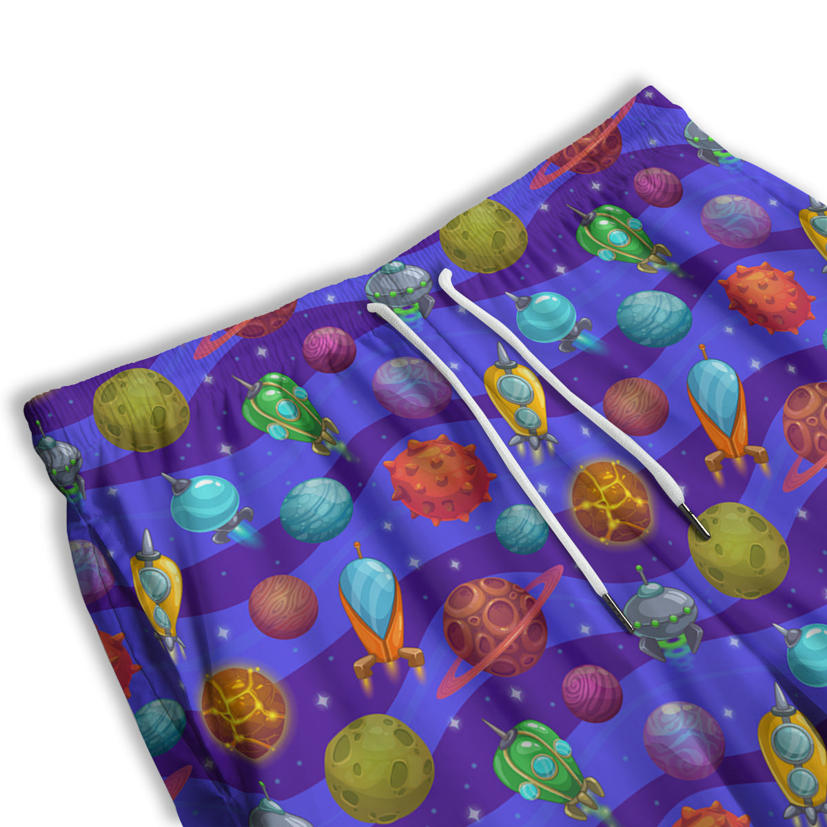 Cartoon Space Ships And Planets Print Pattern Men's Athletic Shorts