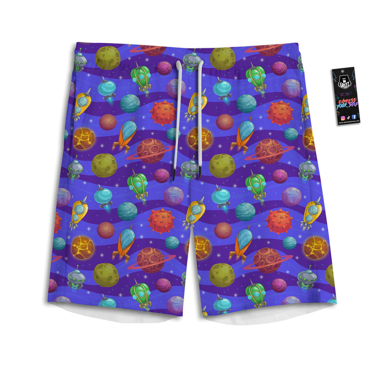 Cartoon Space Ships And Planets Print Pattern Men's Athletic Shorts