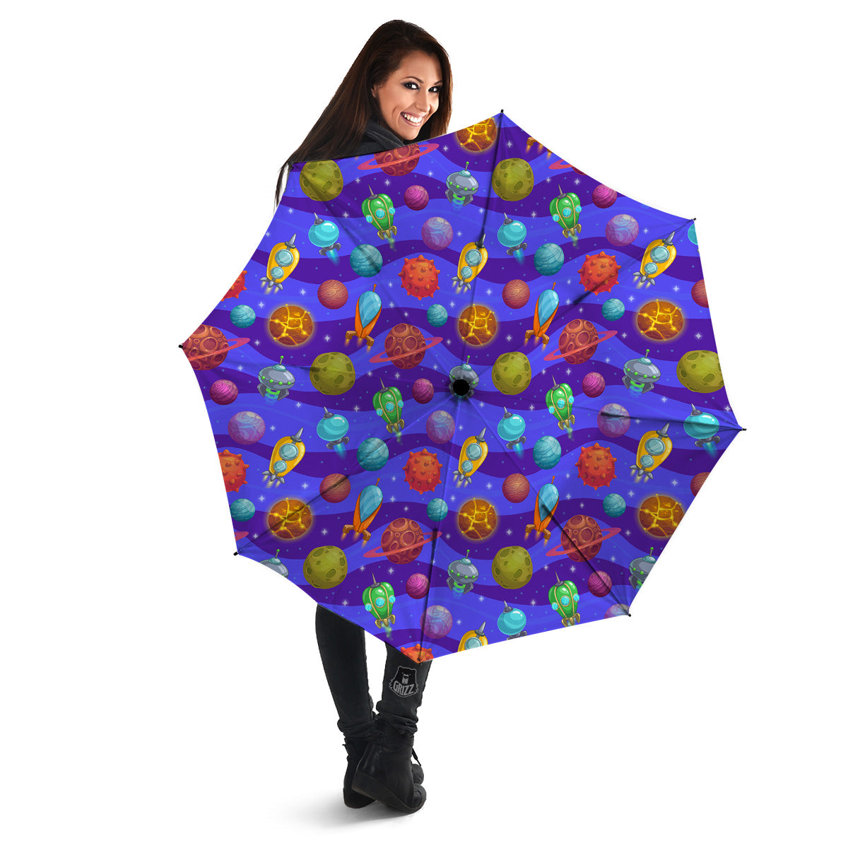 Cartoon Space Ships And Planets Print Pattern Umbrella-grizzshop