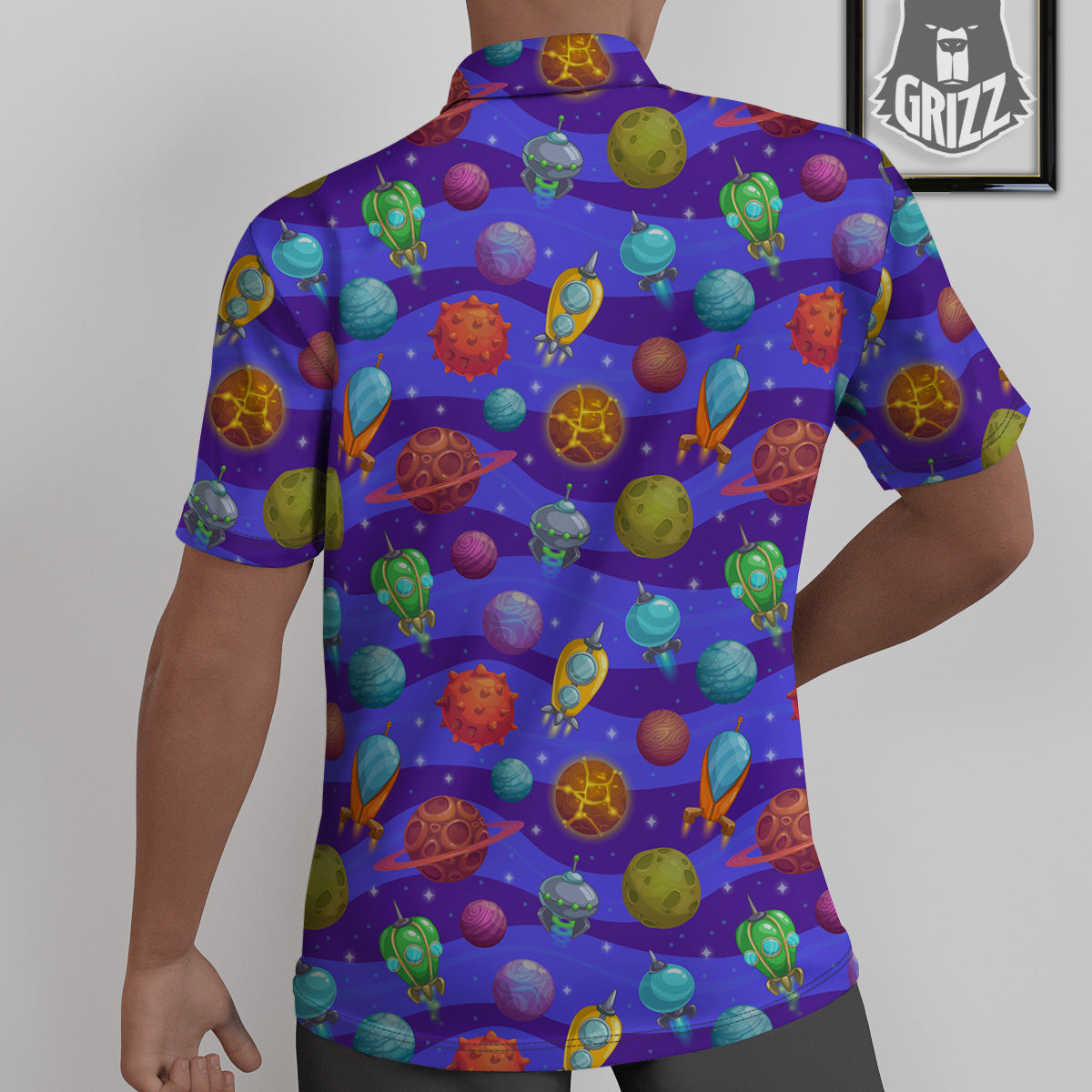Cartoon Space Ships And Planets Print Pattern Untucked Shirts-grizzshop