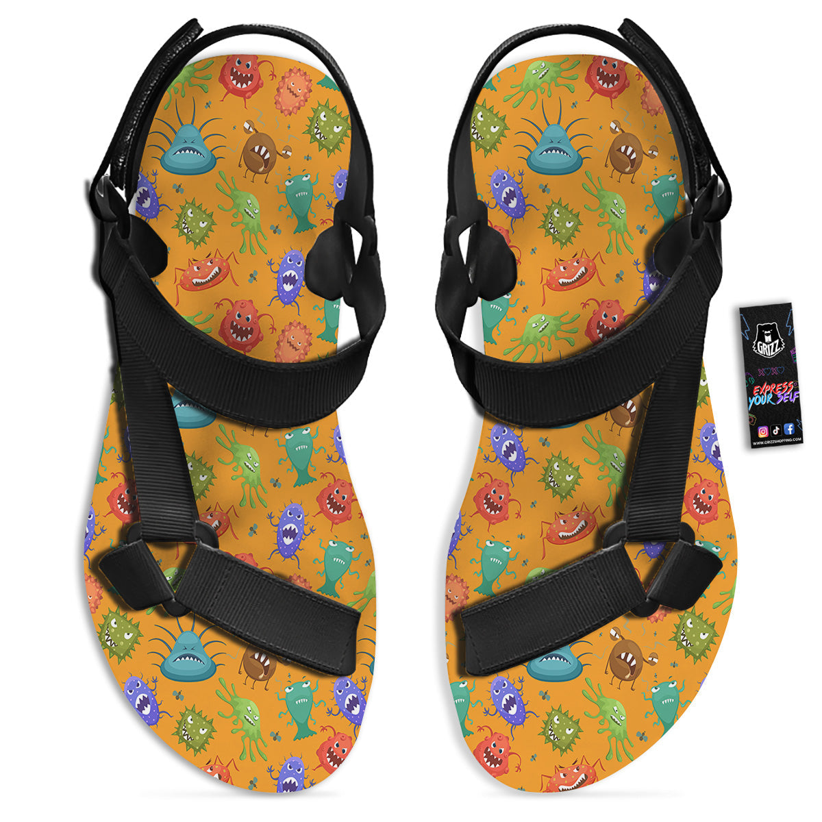 Cartoon Virus Print Pattern Black Open Toe Sandals-grizzshop