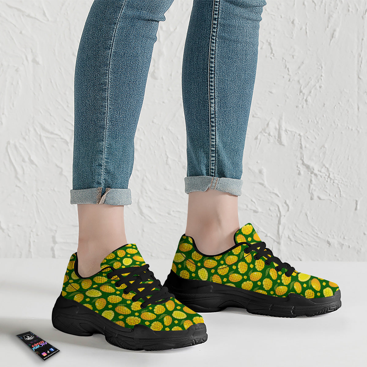 Cartoon Yellow Mango Slice Print Pattern Black Chunky Shoes-grizzshop