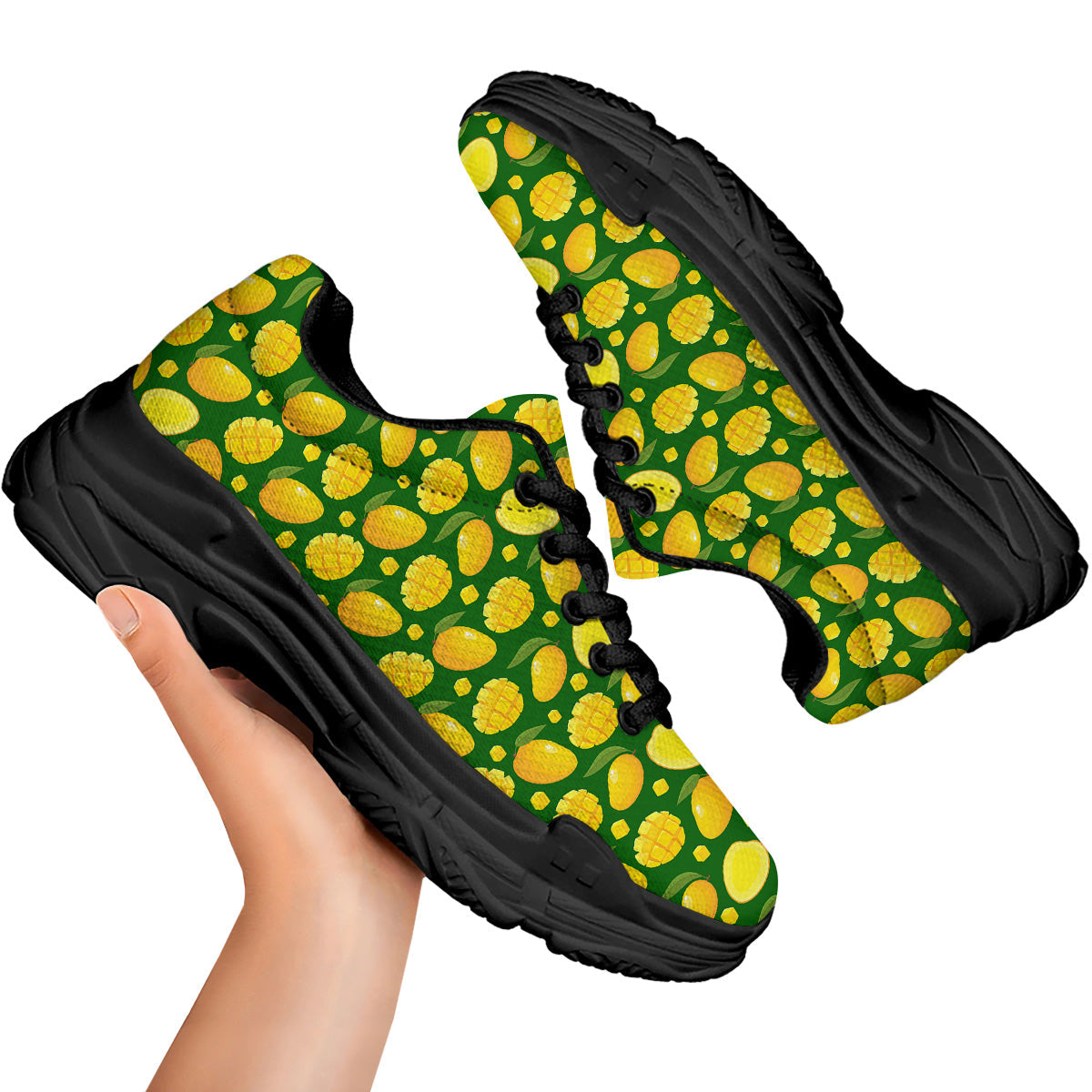Cartoon Yellow Mango Slice Print Pattern Black Chunky Shoes-grizzshop