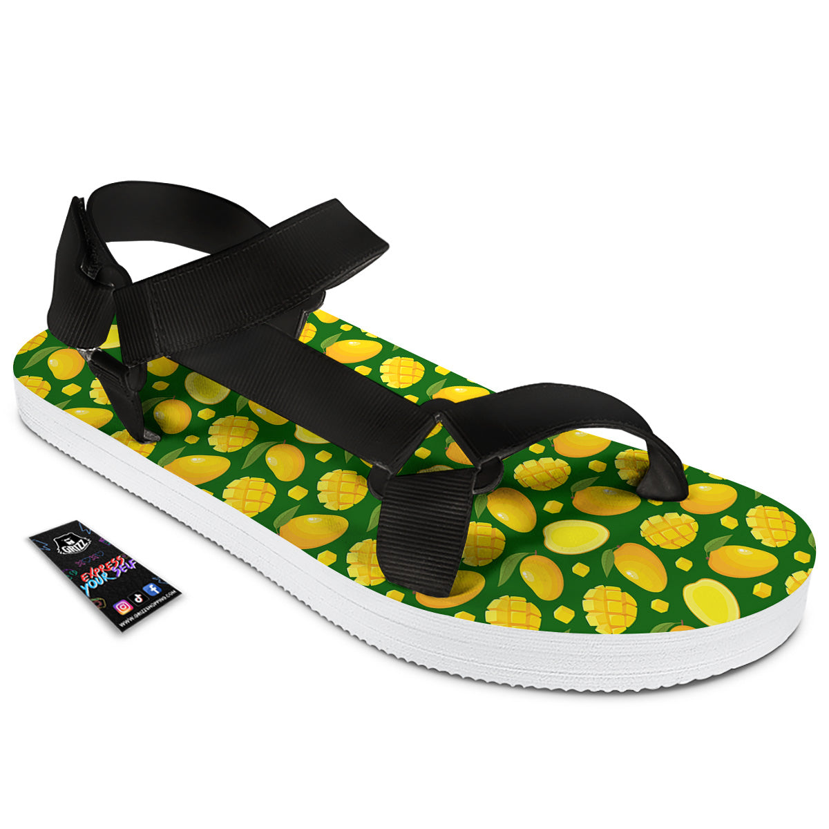 Cartoon Yellow Mango Slice Print Pattern Black Open Toe Sandals-grizzshop