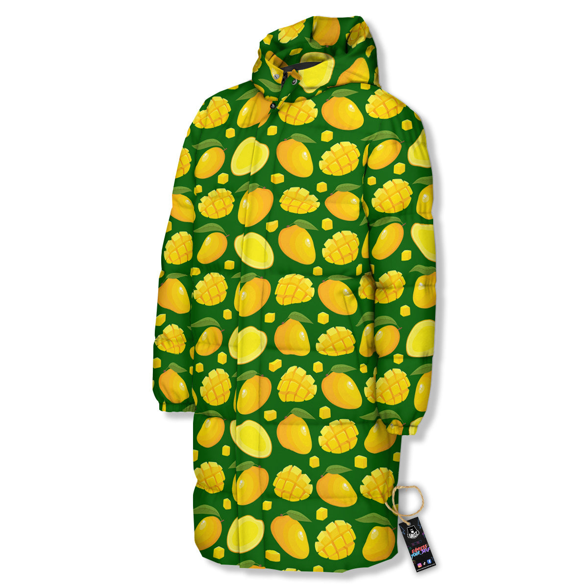 Cartoon Yellow Mango Slice Print Pattern Long Down Jacket-grizzshop