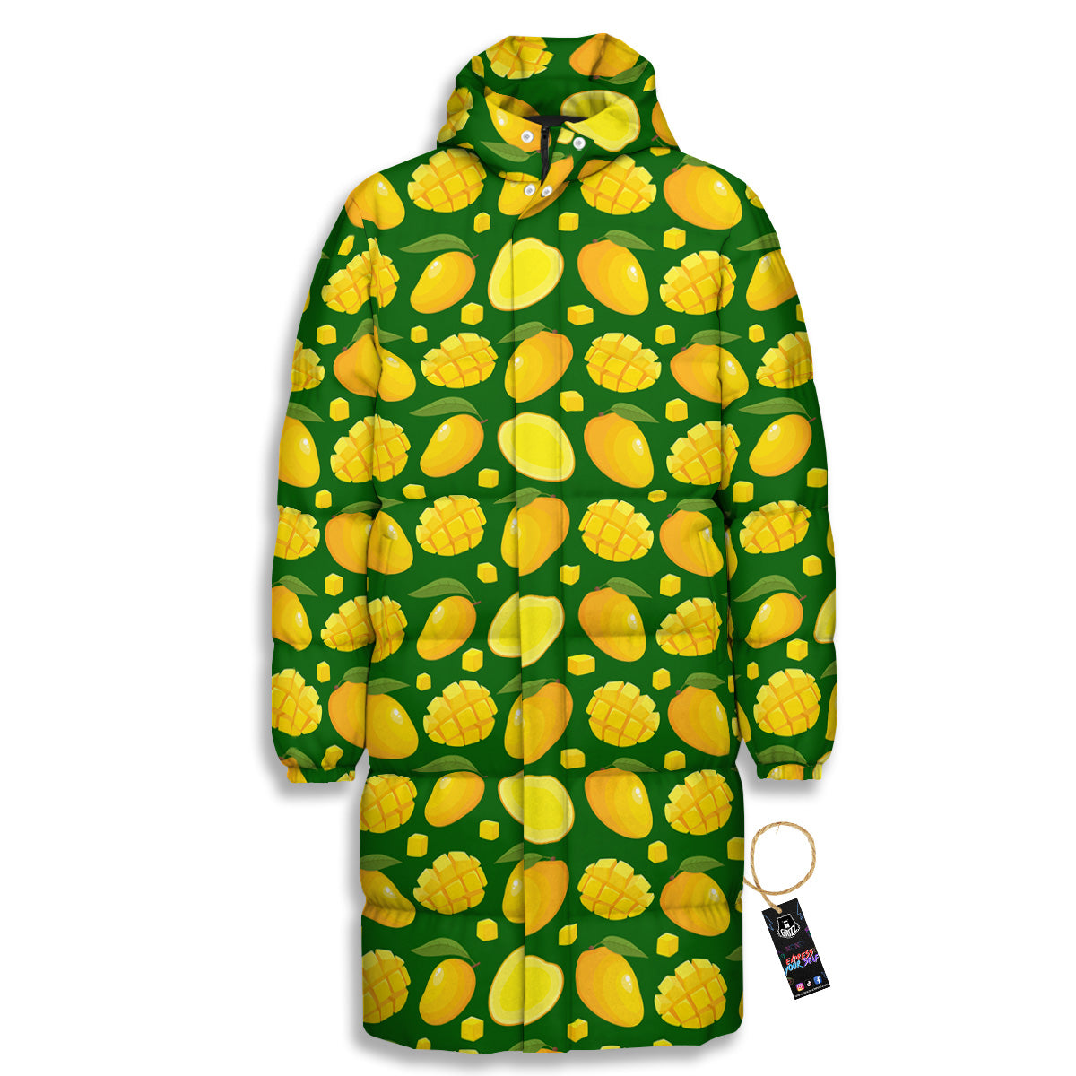 Cartoon Yellow Mango Slice Print Pattern Long Down Jacket-grizzshop