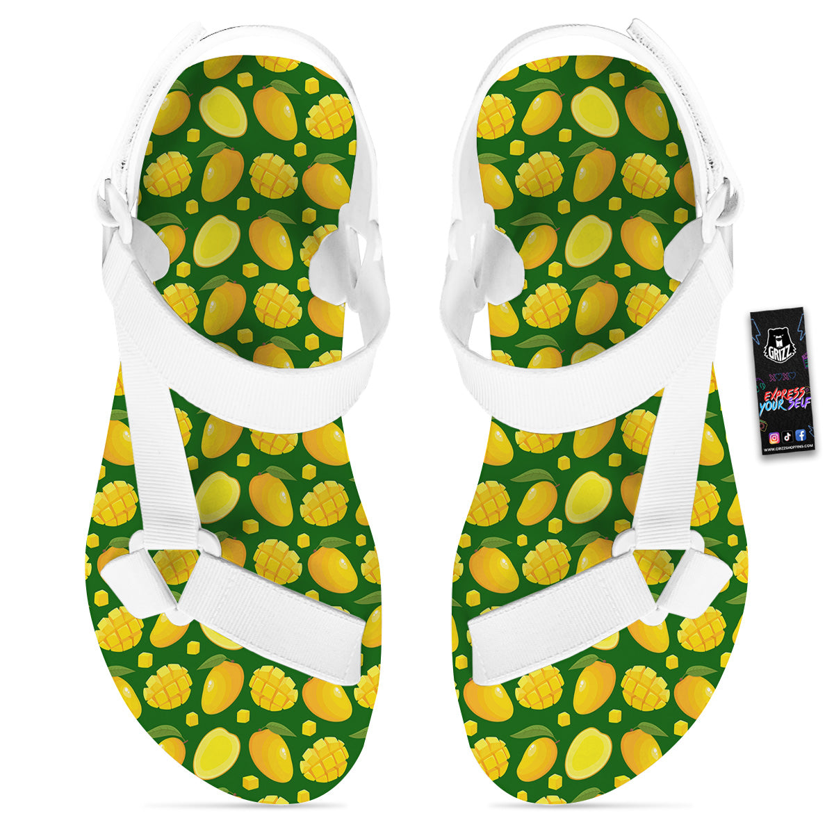 Cartoon Yellow Mango Slice Print Pattern White Open Toe Sandals-grizzshop